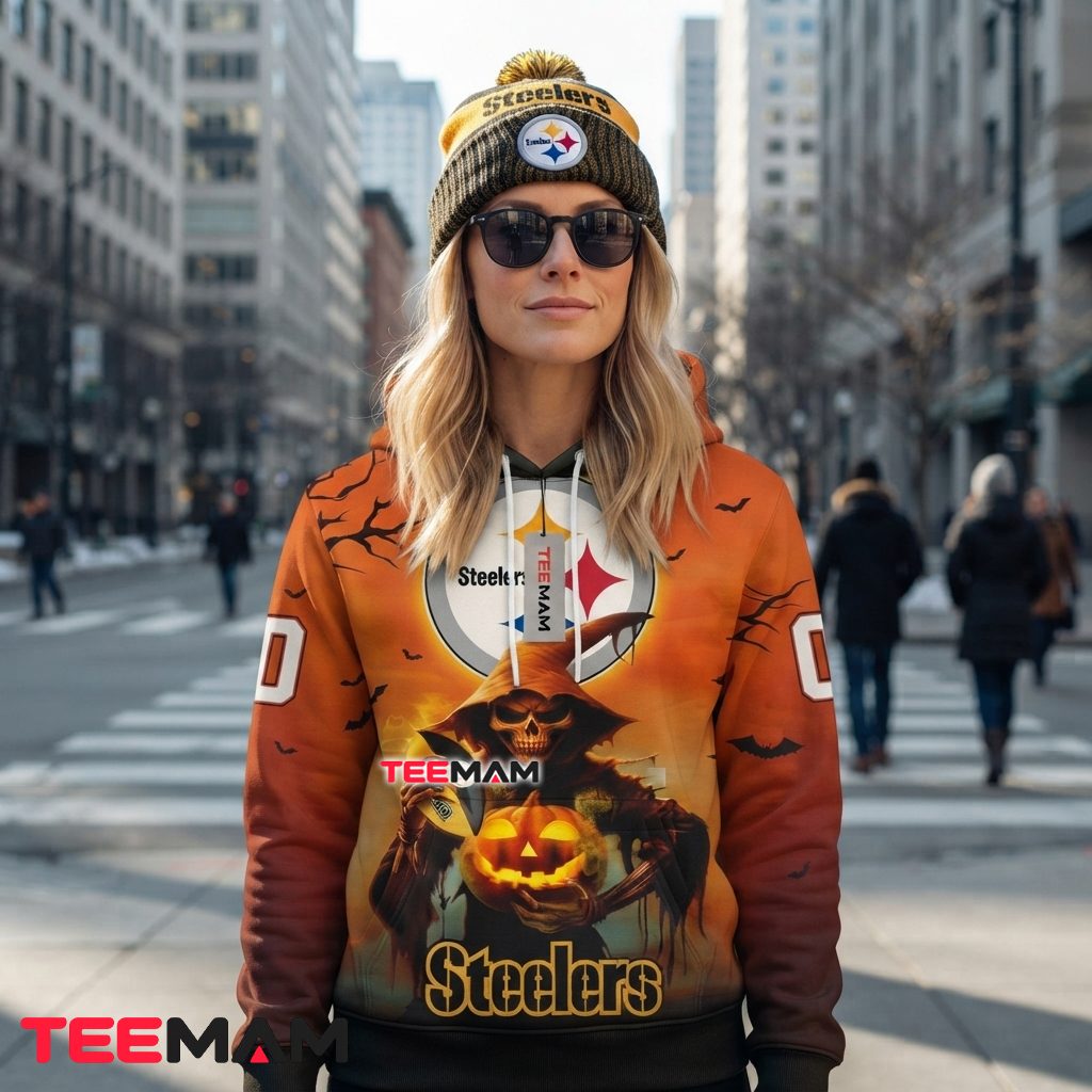 Pittsburgh Steelers 3D Hoodie Grim Reaper Pumpkin Halloween Back Pittsburgh Steelers 3D Hoodie Grim Reaper Pumpkin Halloween Back