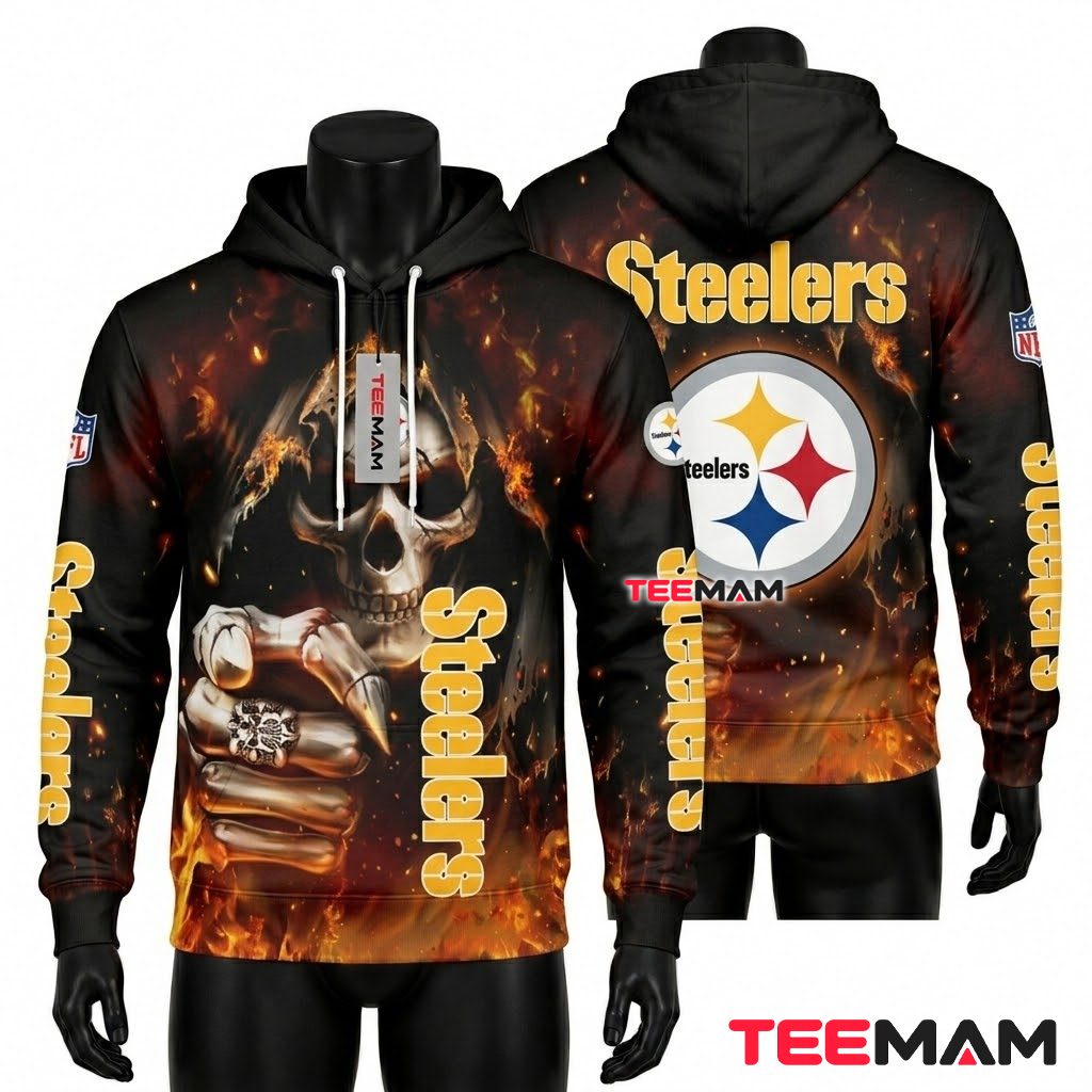 Pittsburgh Steelers 3D Hoodie Skull Fist Fire Front