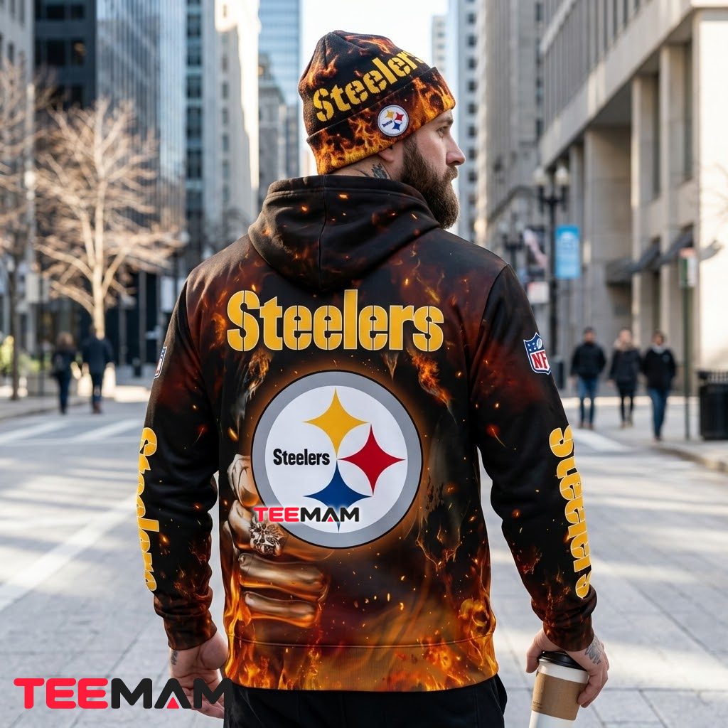 Pittsburgh Steelers 3D Hoodie Skull Fist Fire Version 3 Pittsburgh Steelers 3D Hoodie Skull Fist Fire Version 3