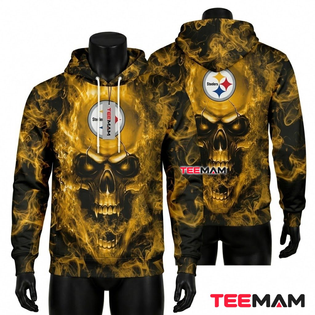 Pittsburgh Steelers 3D Hoodie Skull Flame Front