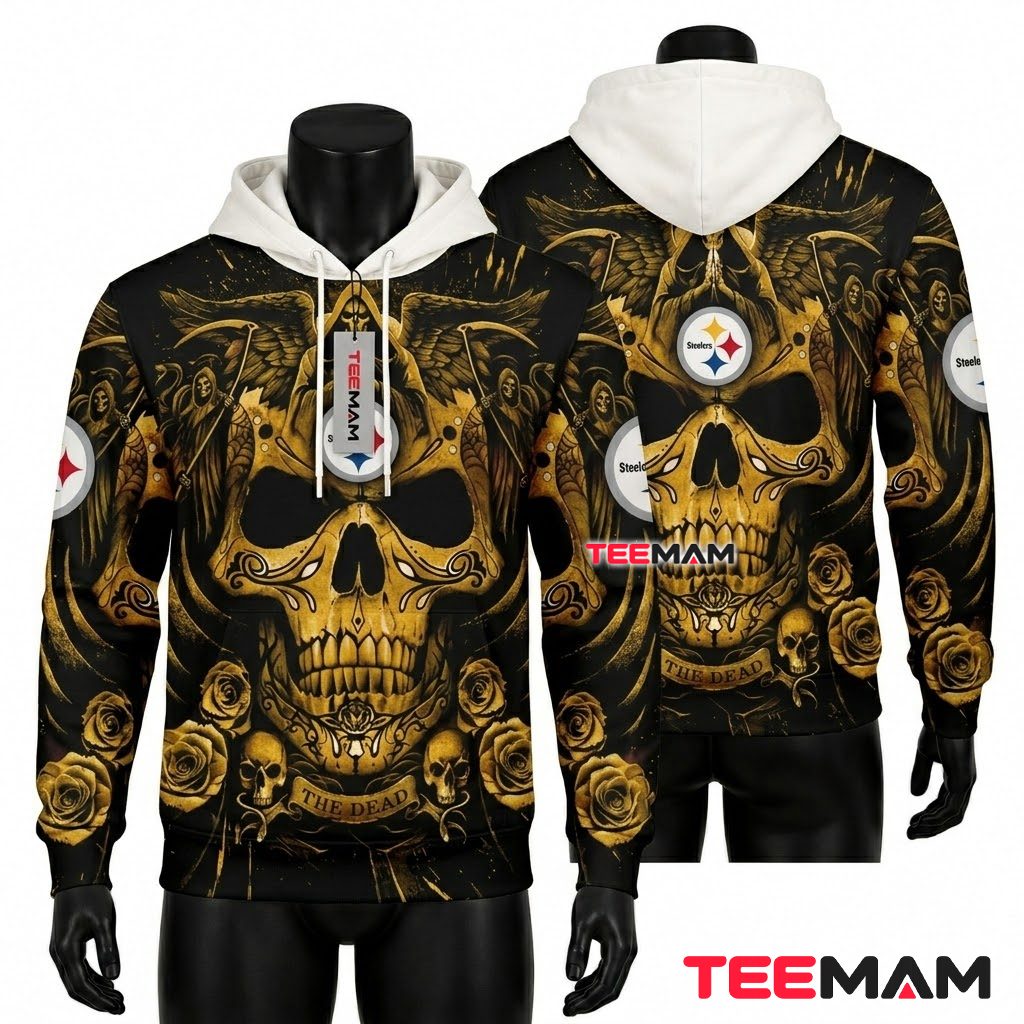Pittsburgh Steelers 3D Hoodie Sugar Skull Rose Front
