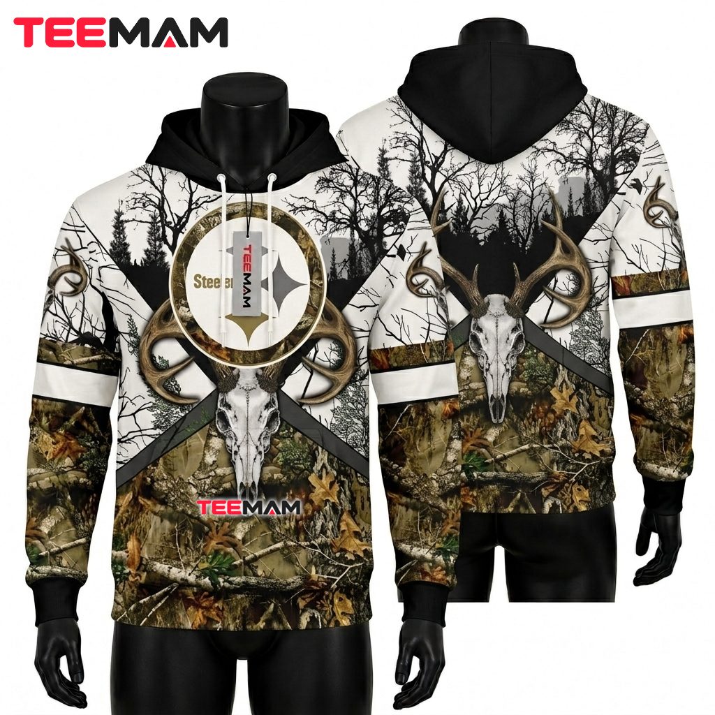Pittsburgh Steelers All Over Print 3D Hoodie Deer Skull Camo Front