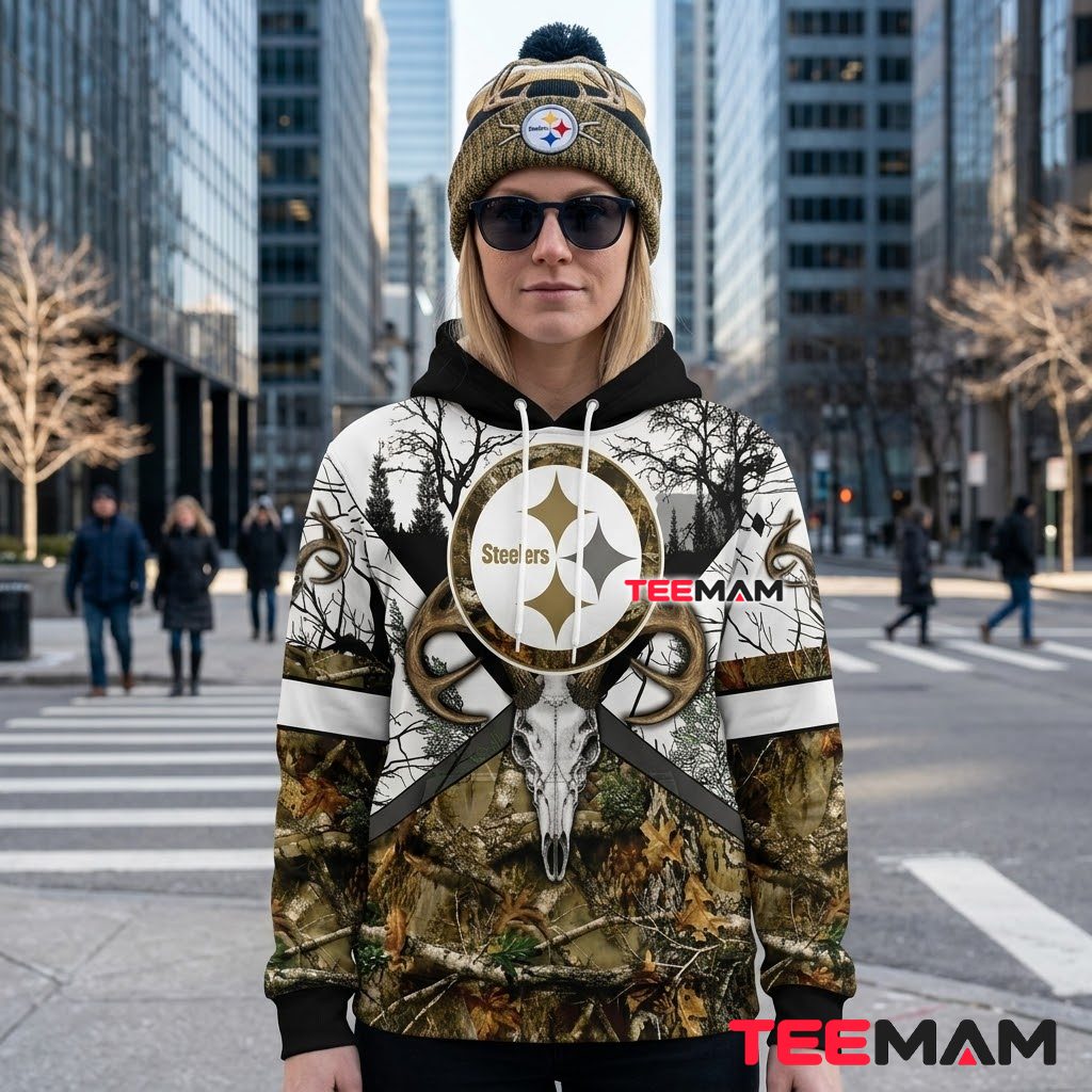 Pittsburgh Steelers All Over Print 3D Hoodie Deer Skull Camo Back Pittsburgh Steelers All Over Print 3D Hoodie Deer Skull Camo Back