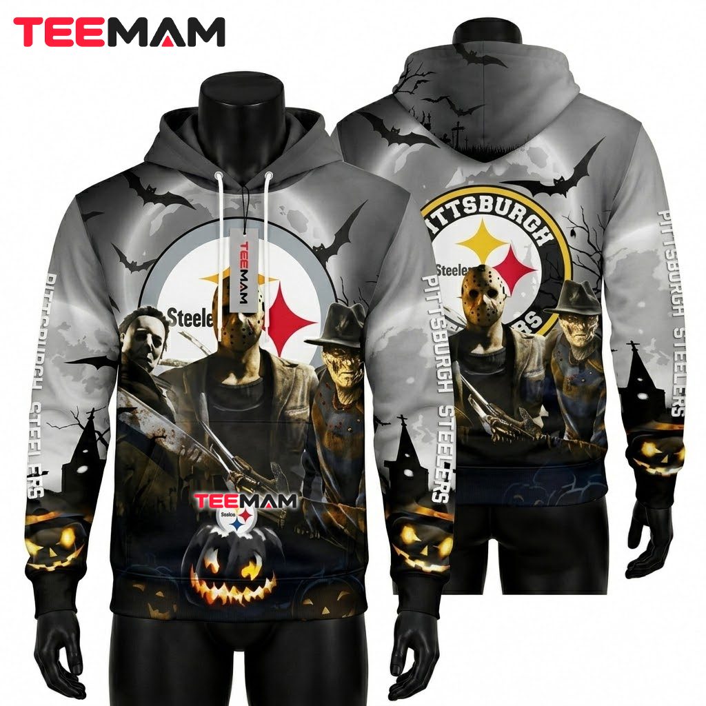 Pittsburgh Steelers All Over Print 3D Hoodie Michael Myers Jason Freddy Halloween Front