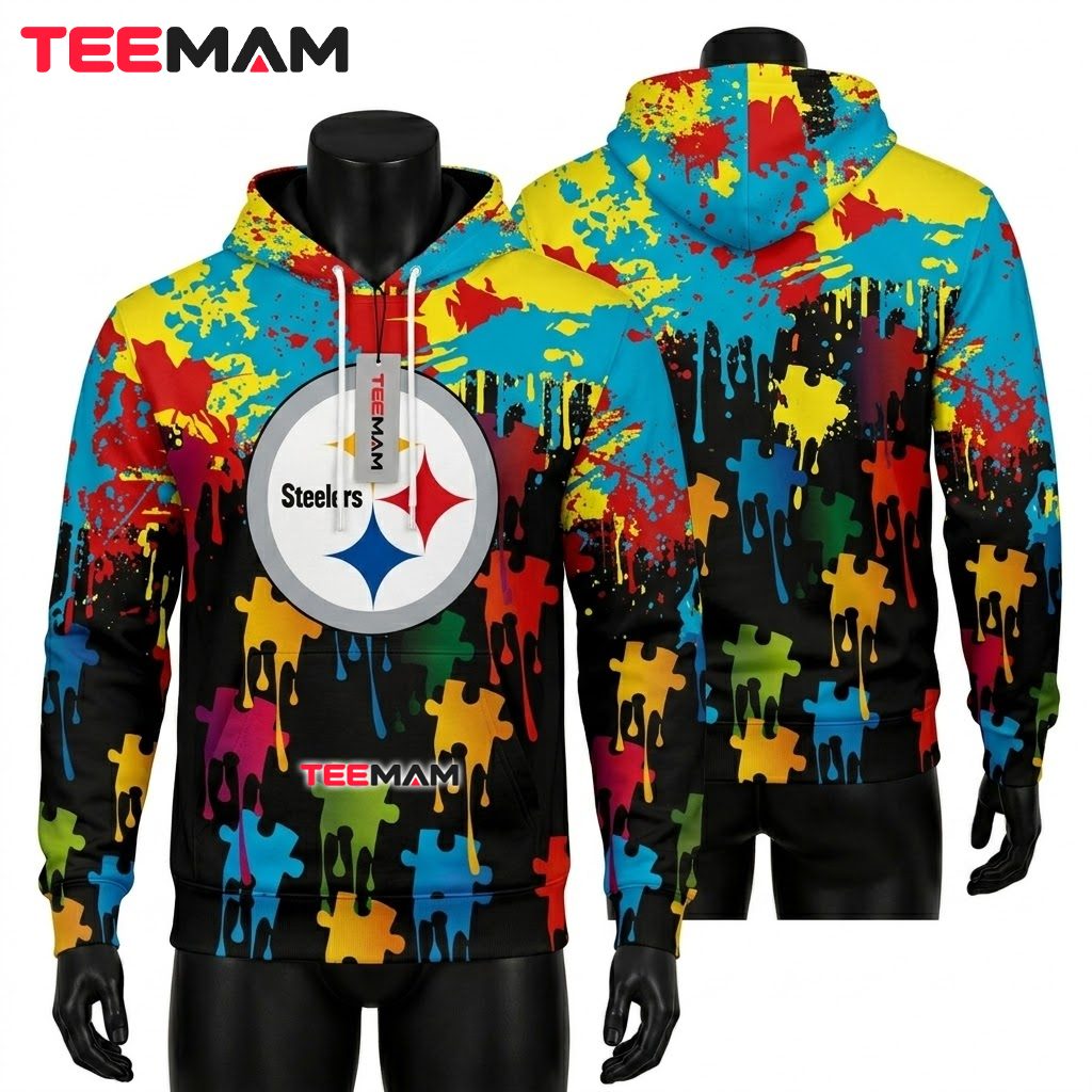 Pittsburgh Steelers All Over Print 3D Hoodie Paint Splatter Puzzle Front