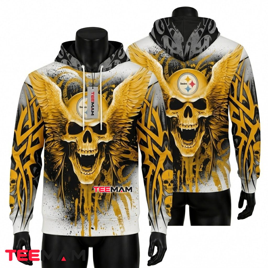 Pittsburgh Steelers All Over Print 3D Hoodie Winged Tribal Skull Front