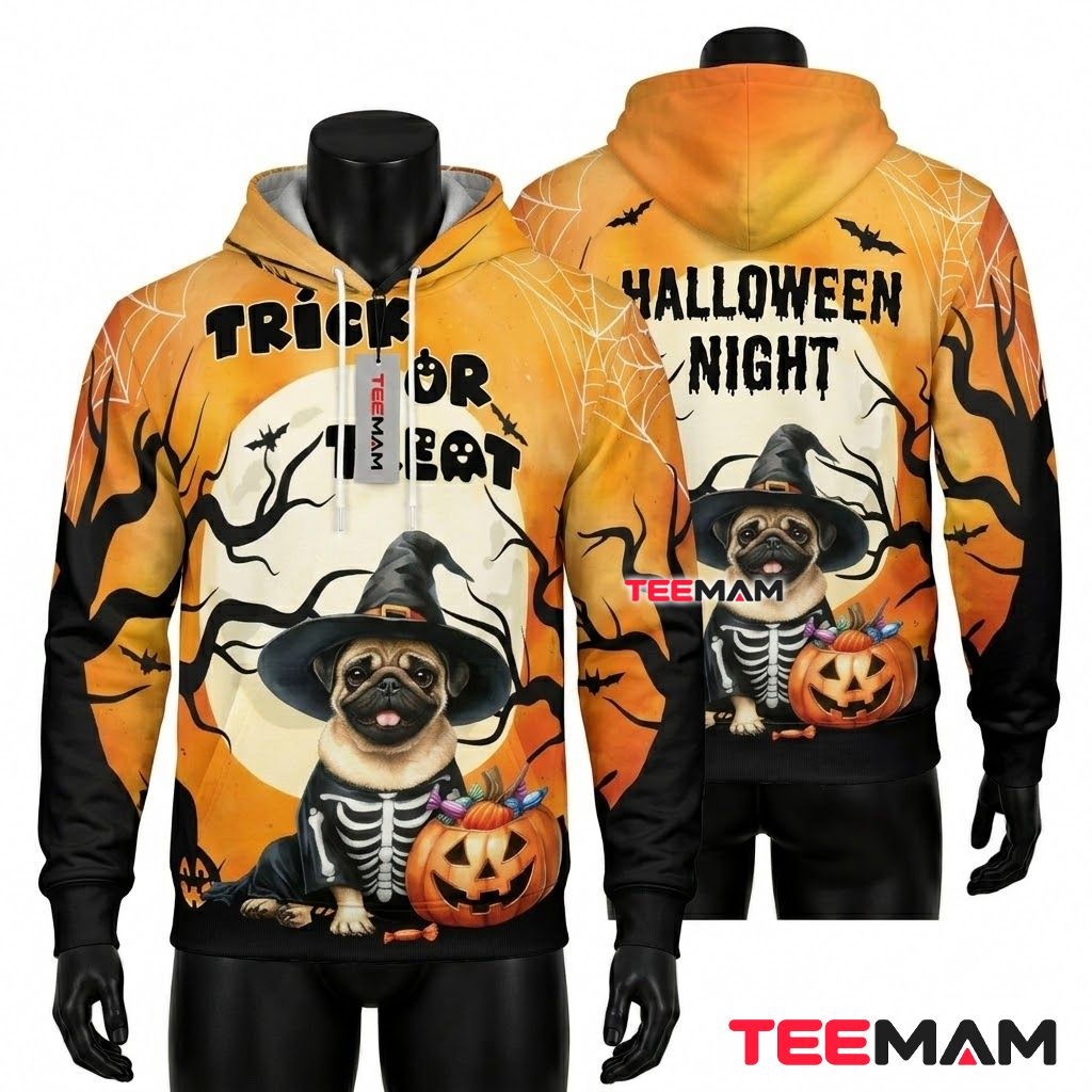 Pug 3D Hoodie Trick Or Treat Witch Halloween Costume Design Front