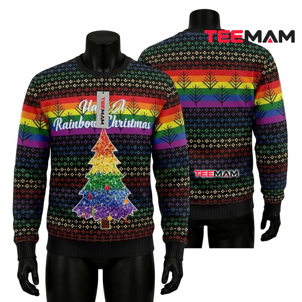 Rainbow Ugly Christmas Sweater Pride Tree Pattern Front