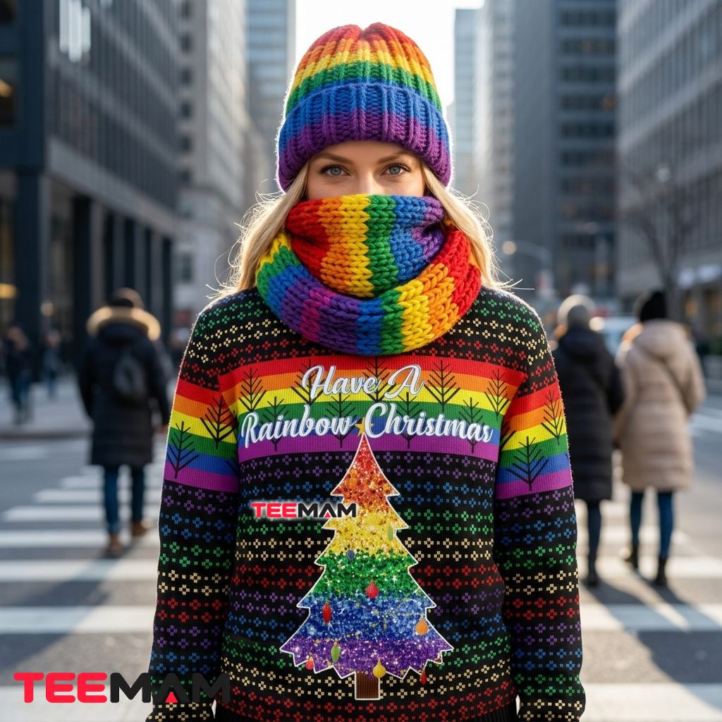 Rainbow Ugly Christmas Sweater Pride Tree Pattern Back Rainbow Ugly Christmas Sweater Pride Tree Pattern Back