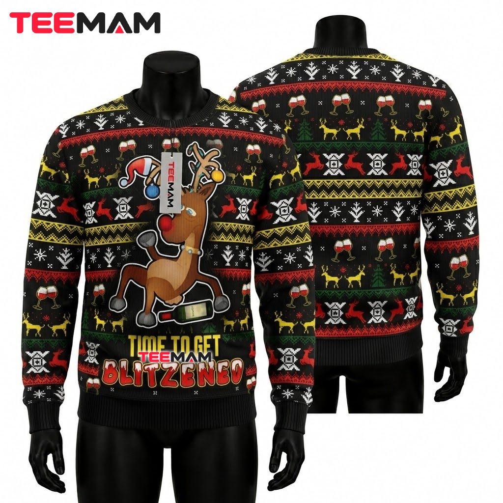 Reindeer Ugly Christmas Sweater Time Blitzened Funny Front