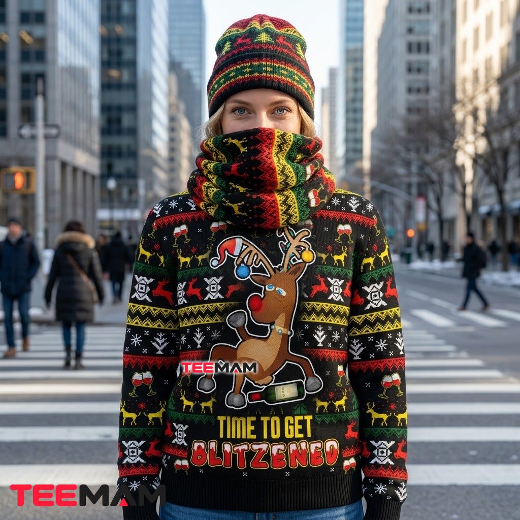 Reindeer Ugly Christmas Sweater Time Blitzened Funny Back Reindeer Ugly Christmas Sweater Time Blitzened Funny Back