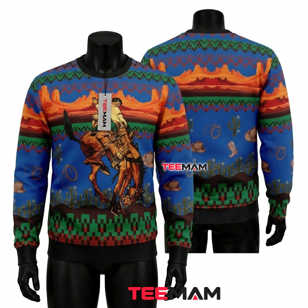 Rodeo Cowboy Ugly Christmas Sweater Desert Landscape Front