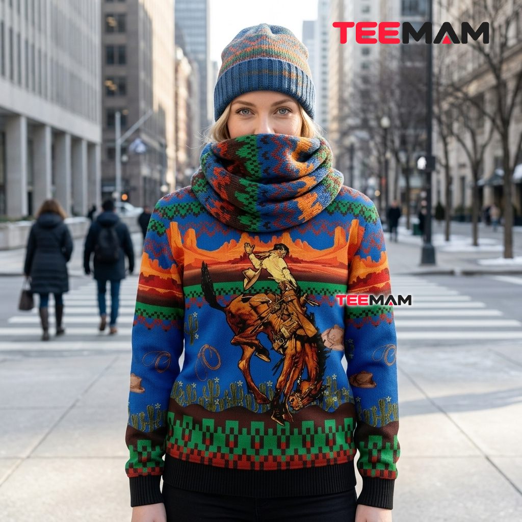 Rodeo Cowboy Ugly Christmas Sweater Desert Landscape Back Rodeo Cowboy Ugly Christmas Sweater Desert Landscape Back