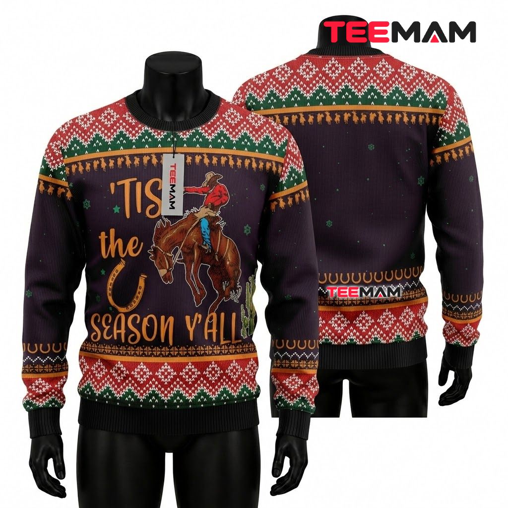 Rodeo Cowboy Ugly Christmas Sweater Tis Season Yall Front