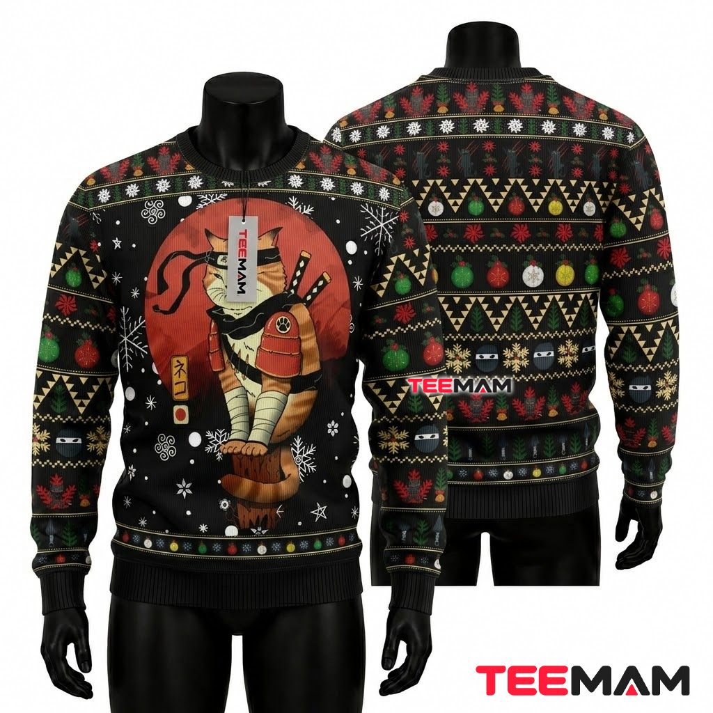 Samurai Cat Ugly Christmas Sweater Japanese Warrior Front