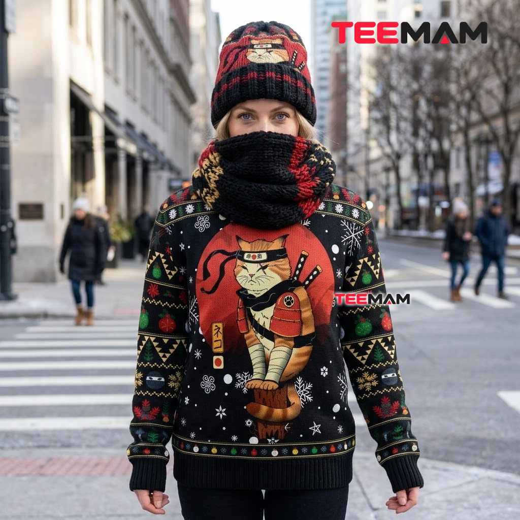 Samurai Cat Ugly Christmas Sweater Japanese Warrior Back Samurai Cat Ugly Christmas Sweater Japanese Warrior Back