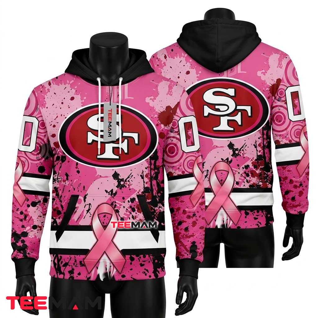 San Francisco 49ers 3D Hoodie Breast Cancer Splatter Ribbon Front