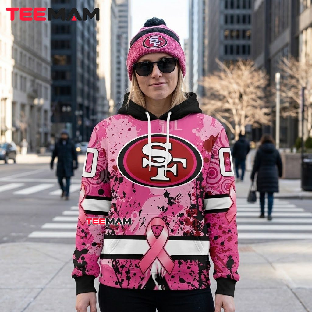 San Francisco 49ers 3D Hoodie Breast Cancer Splatter Ribbon Back San Francisco 49ers 3D Hoodie Breast Cancer Splatter Ribbon Back