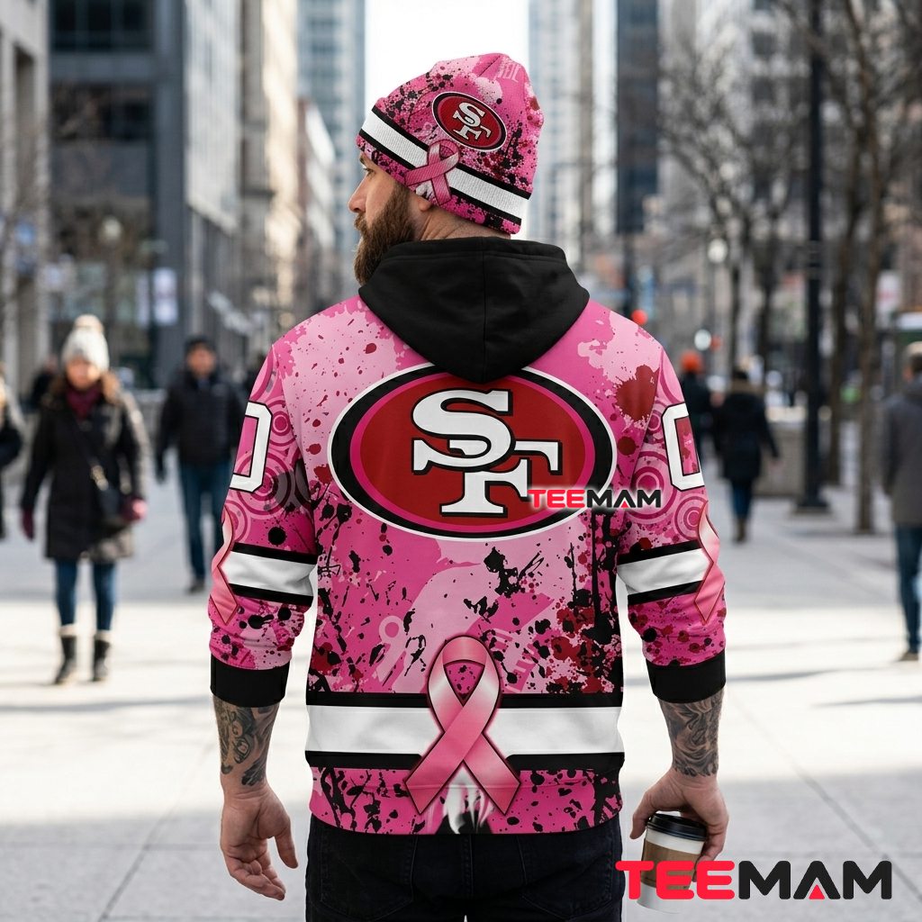 San Francisco 49ers 3D Hoodie Breast Cancer Splatter Ribbon Version 3 San Francisco 49ers 3D Hoodie Breast Cancer Splatter Ribbon Version 3