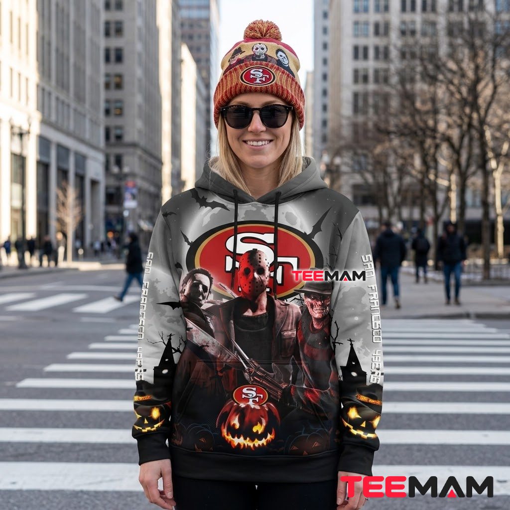 San Francisco 49ers 3D Hoodie Michael Myers Jason Freddy Halloween Back San Francisco 49ers 3D Hoodie Michael Myers Jason Freddy Halloween Back