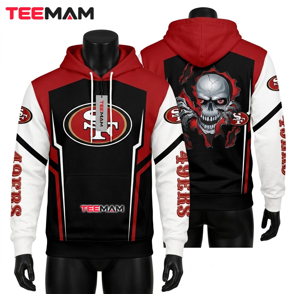 San Francisco 49ers 3D Hoodie Skull Ripped Cracked Print Front