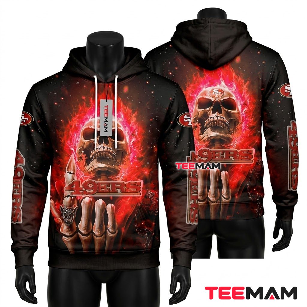 San Francisco 49ers 3D Hoodie Skull Rock Hand Theme Front