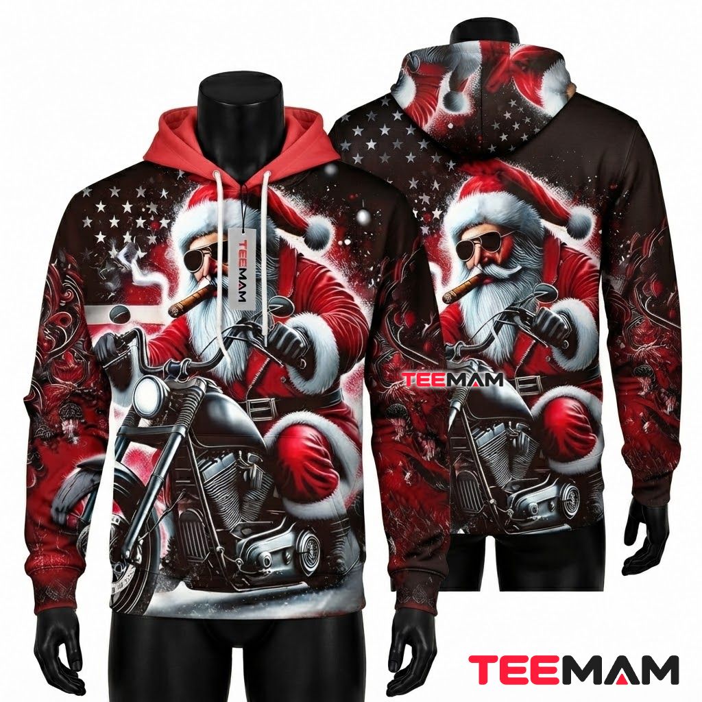 Santa Claus 3D Hoodie Motorcycle Biker American Flag Front