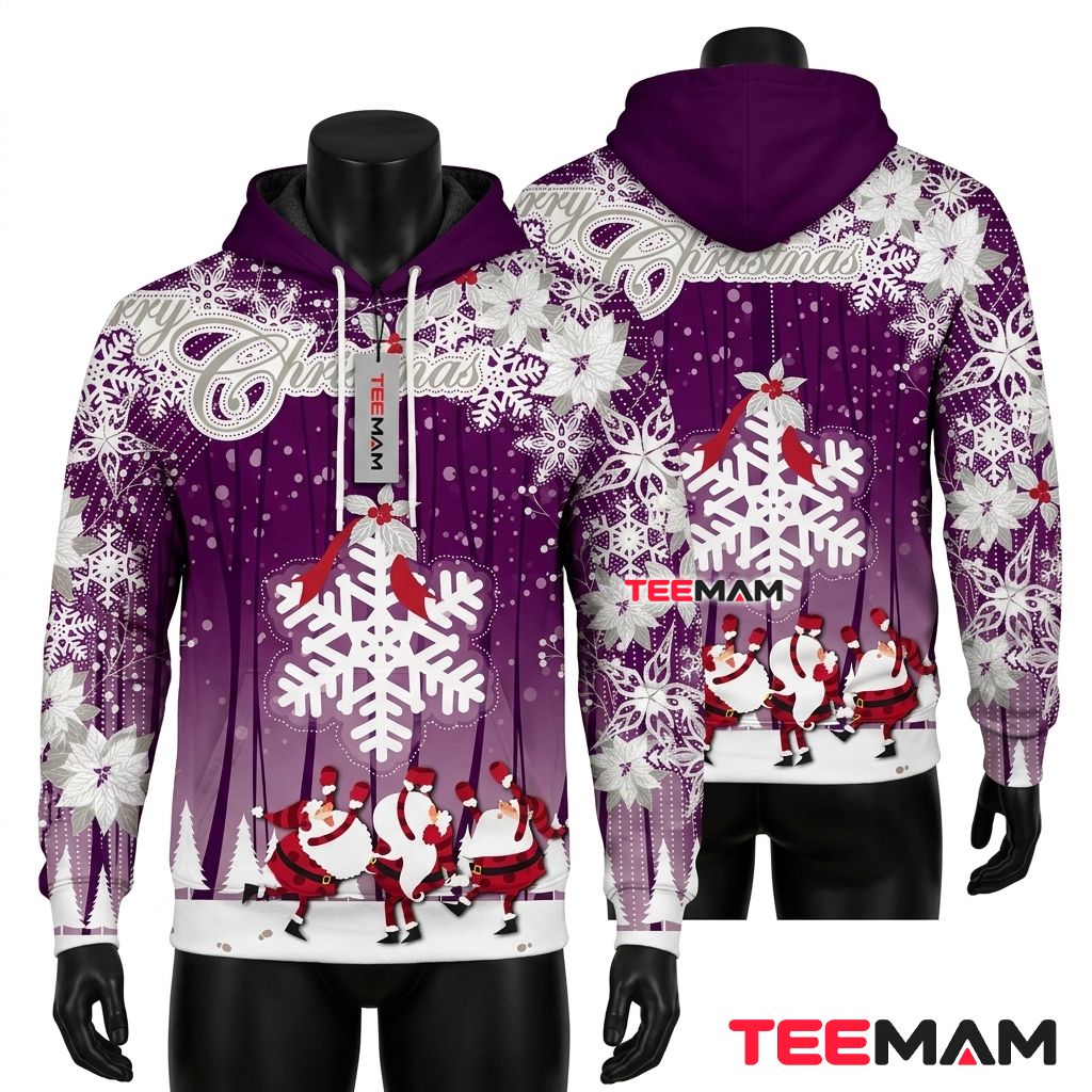 Santa Claus 3D Hoodie Purple Snowflake Merry Front