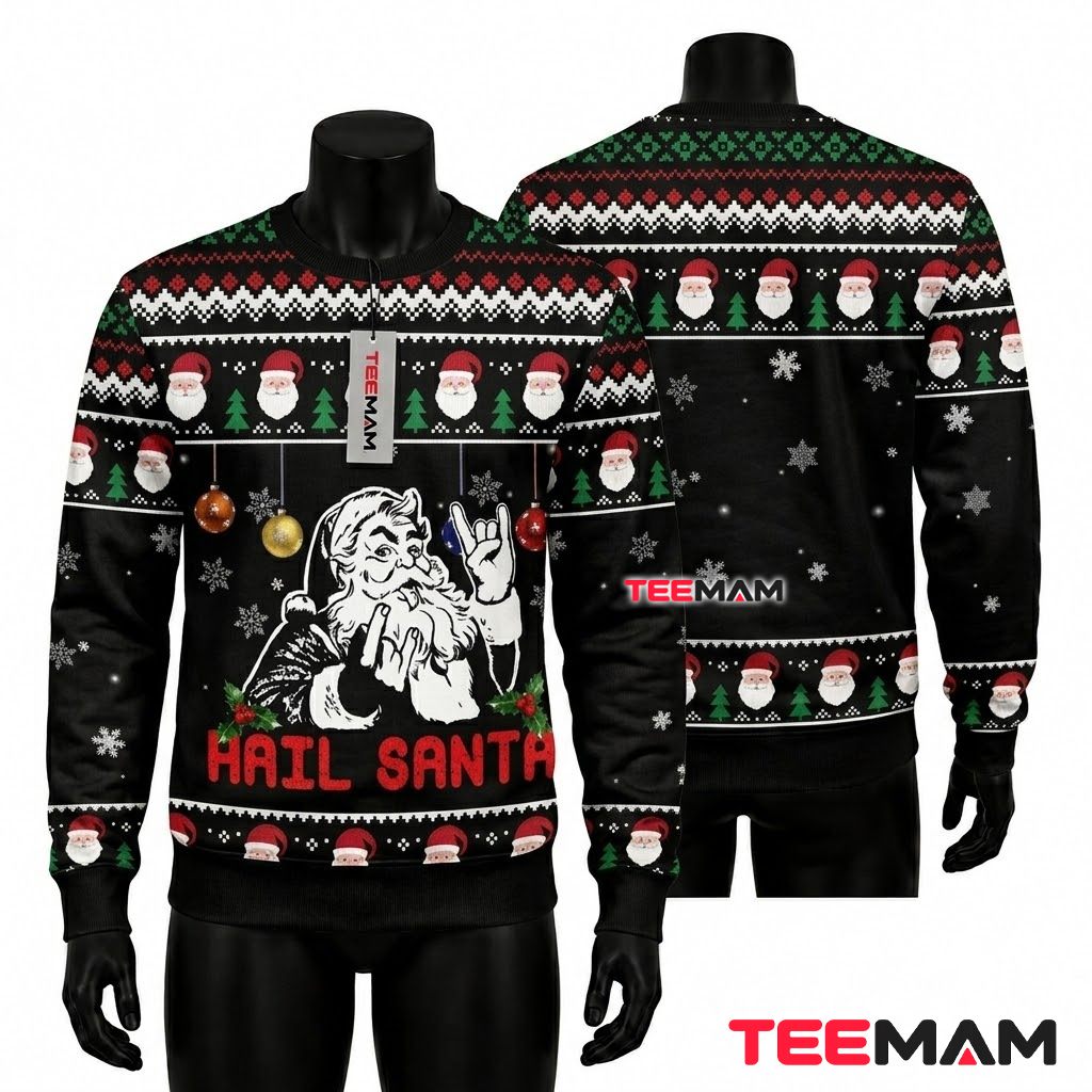 Santa Ugly Christmas Sweater Hail Rock Funny Front