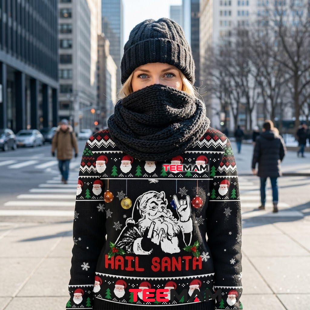 Santa Ugly Christmas Sweater Hail Rock Funny Back Santa Ugly Christmas Sweater Hail Rock Funny Back