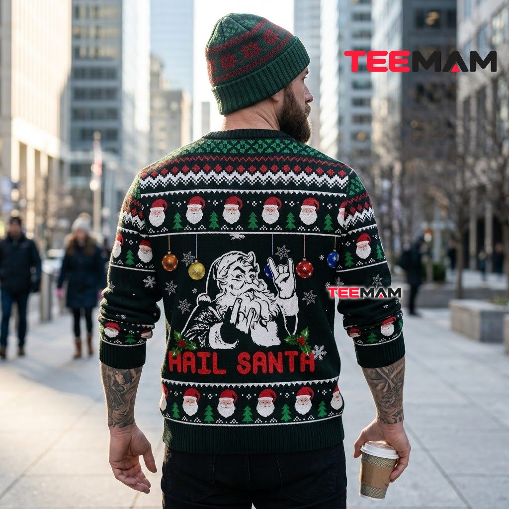 Santa Ugly Christmas Sweater Hail Rock Funny Version 3 Santa Ugly Christmas Sweater Hail Rock Funny Version 3