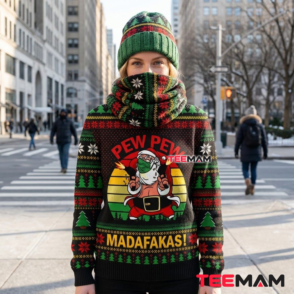 Santa Ugly Christmas Sweater Pew Pew Funny Back Santa Ugly Christmas Sweater Pew Pew Funny Back