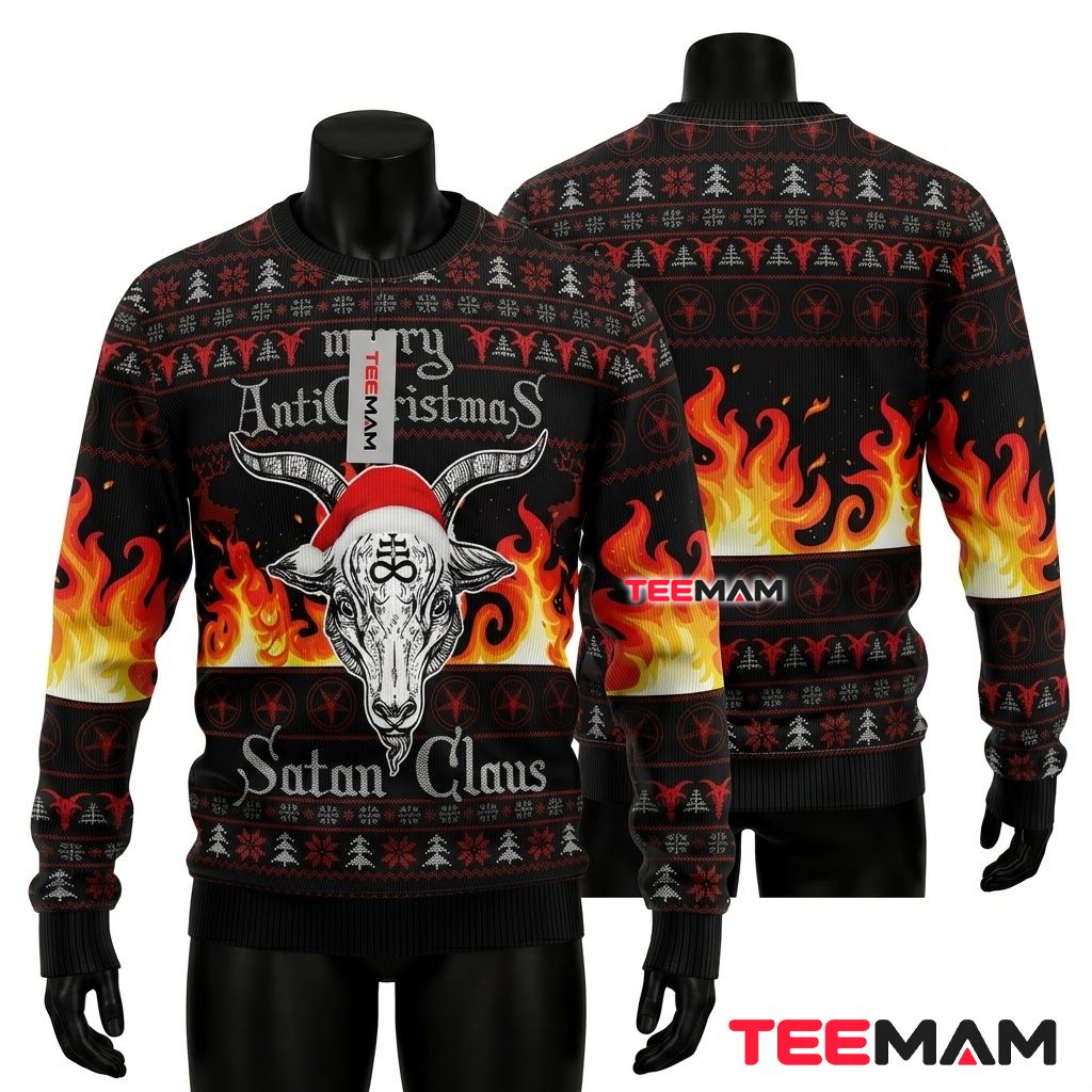 Satan Claus Ugly Christmas Sweater Flames Antichristmas Front