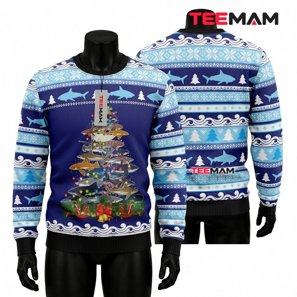 Shark Ugly Christmas Sweater Pine Tree Blue Wave Front