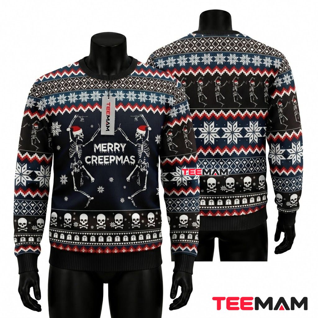 Skeleton Ugly Christmas Sweater Merry Creepmas Dancing Front