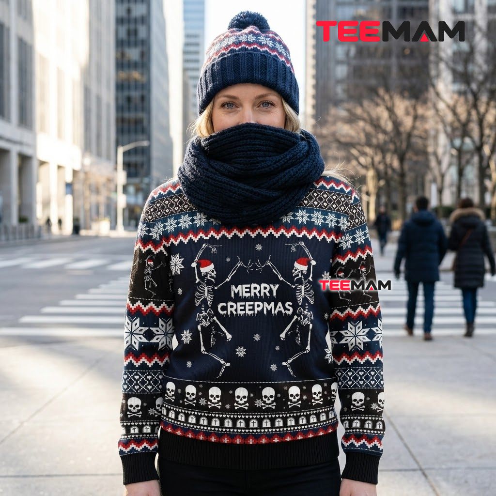 Skeleton Ugly Christmas Sweater Merry Creepmas Dancing Back Skeleton Ugly Christmas Sweater Merry Creepmas Dancing Back