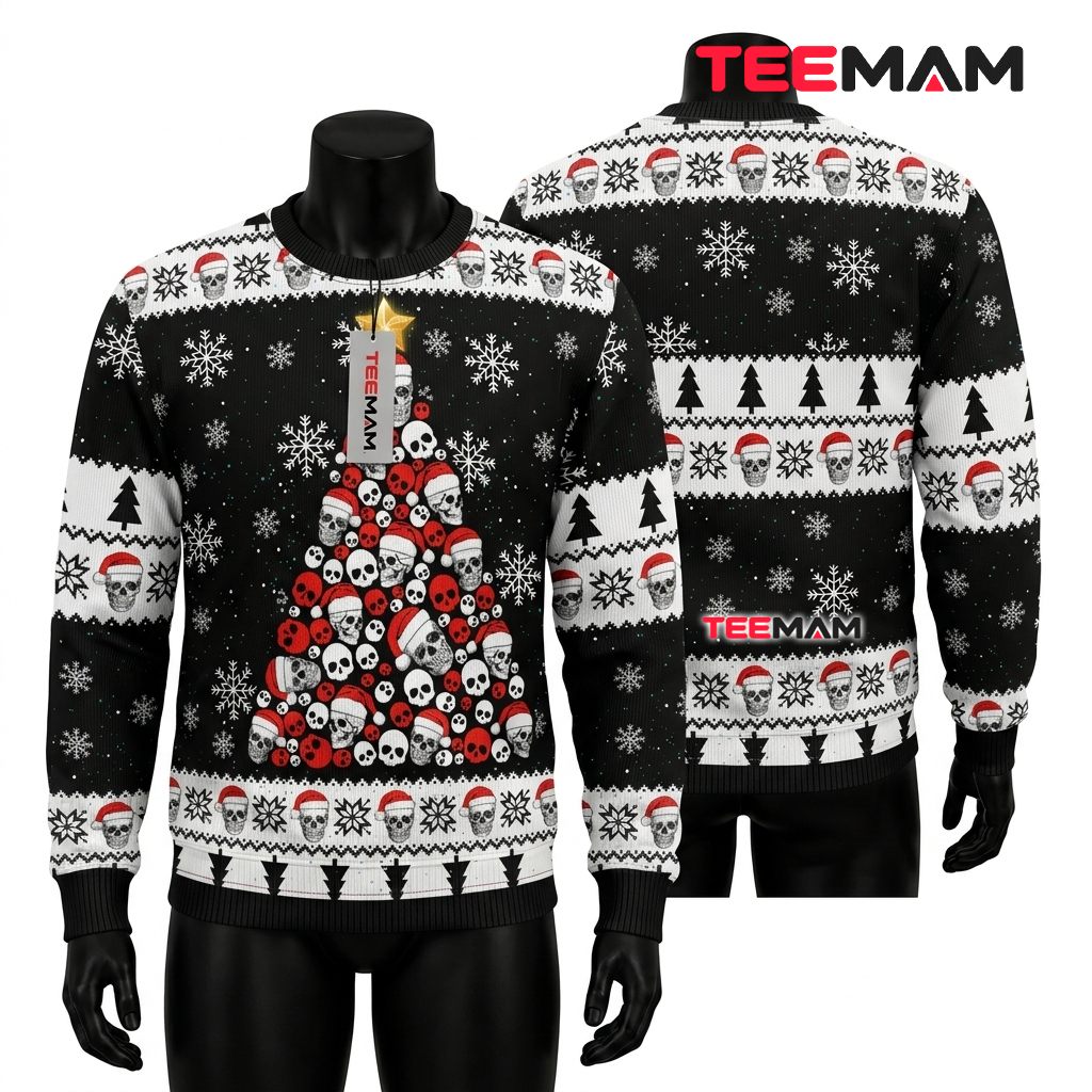 Skull Ugly Christmas Sweater Santa Hat Snowflake Front