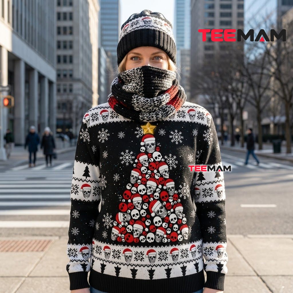 Skull Ugly Christmas Sweater Santa Hat Snowflake Back Skull Ugly Christmas Sweater Santa Hat Snowflake Back