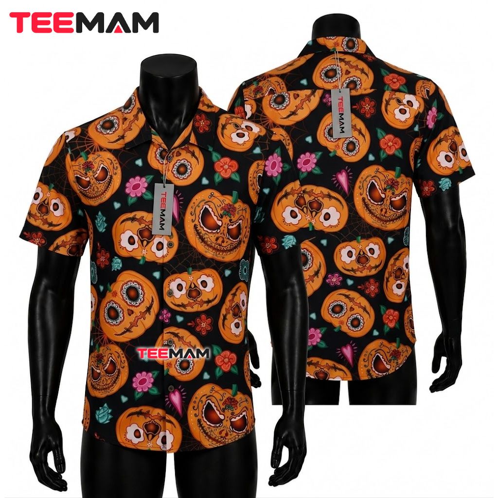 Spooky Sugar Skull Pumpkin Hawaiian Shirt Halloween Costume