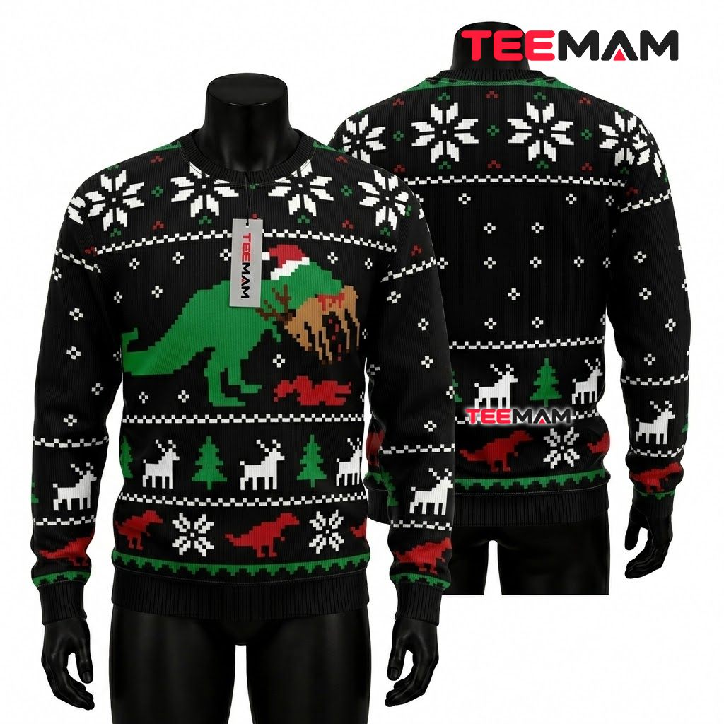 T-Rex Ugly Christmas Sweater Eating Reindeer Funny Front