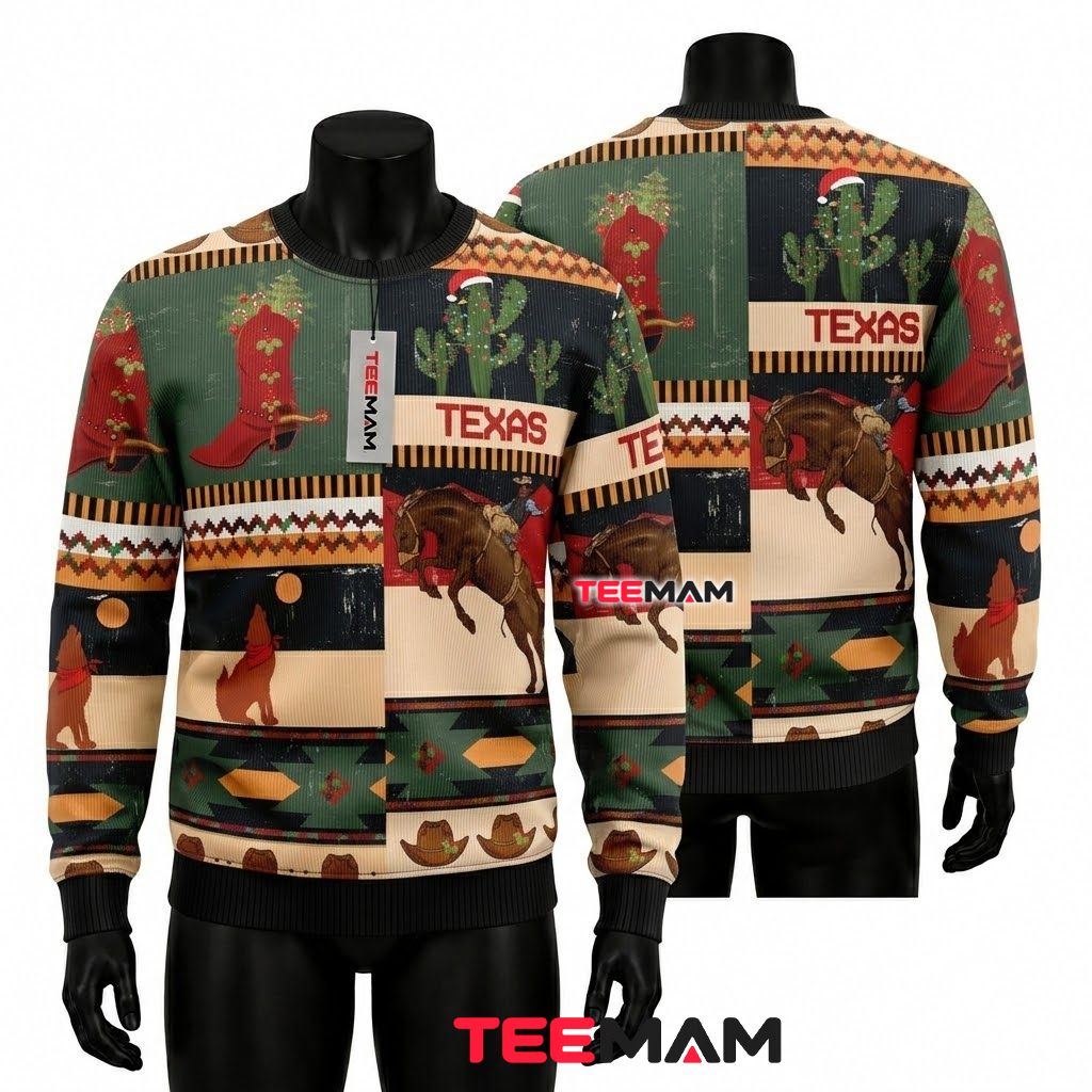 Texas Ugly Christmas Sweater Cactus Cowboy Boot Front