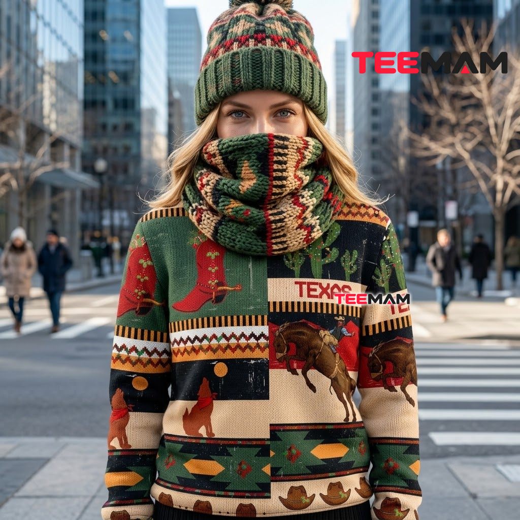 Texas Ugly Christmas Sweater Cactus Cowboy Boot Back Texas Ugly Christmas Sweater Cactus Cowboy Boot Back
