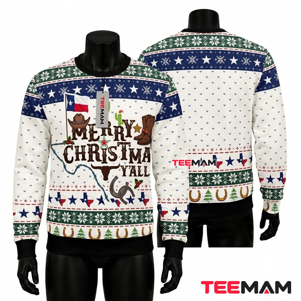 Texas Ugly Christmas Sweater Merry Yall Cowboy Front