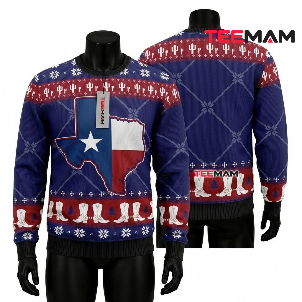 Texas Ugly Christmas Sweater State Flag Cactus Front