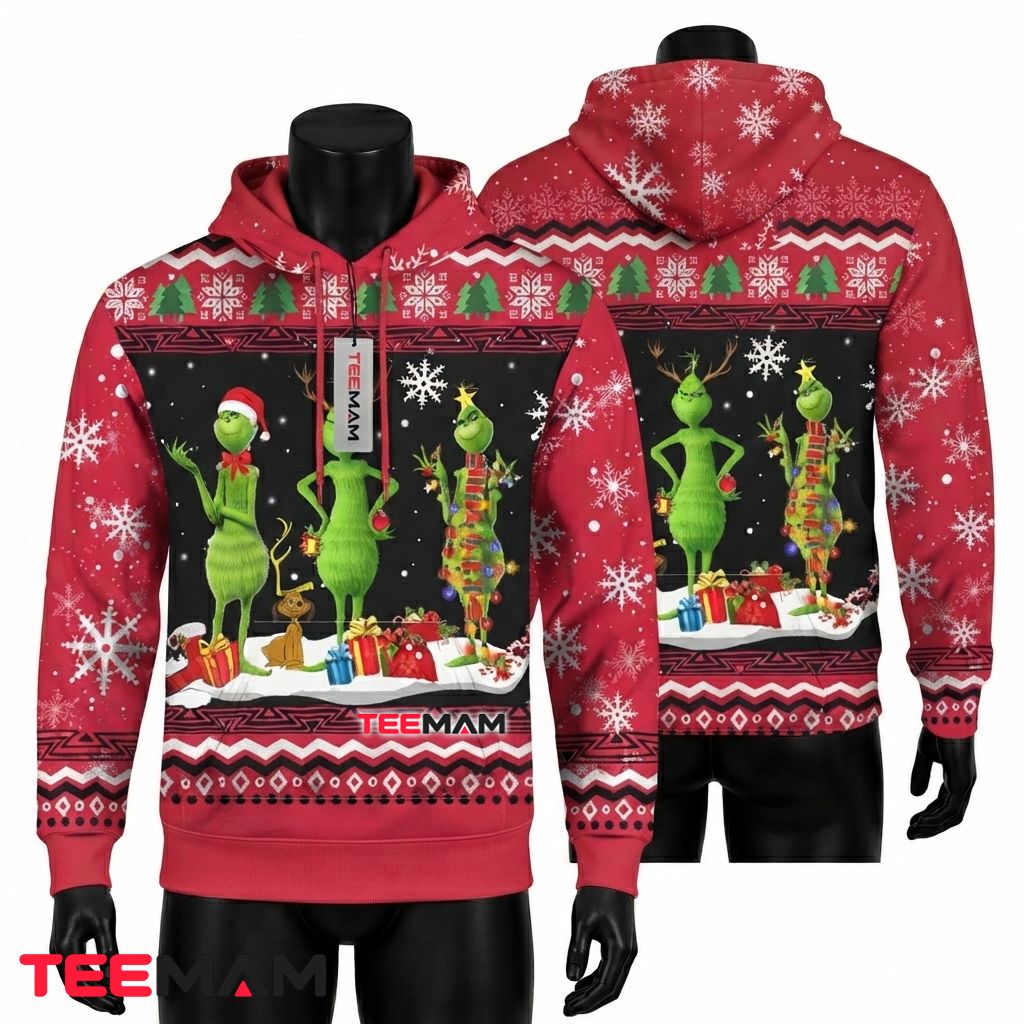 Tree Grinch 3D Hoodie Trio Gift Wrapping Red Front
