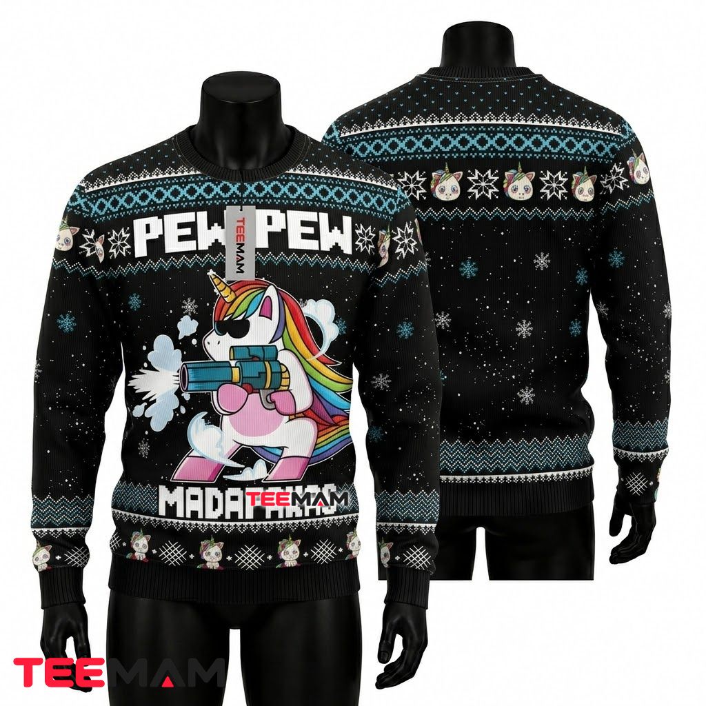 Unicorn Ugly Christmas Sweater Pew Pew Funny Front