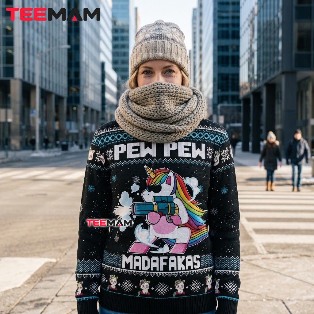 Unicorn Ugly Christmas Sweater Pew Pew Funny Back Unicorn Ugly Christmas Sweater Pew Pew Funny Back