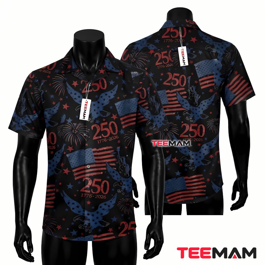 USA 250 Years Button Up Shirt Vintage Eagle Flag Distressed Print Front