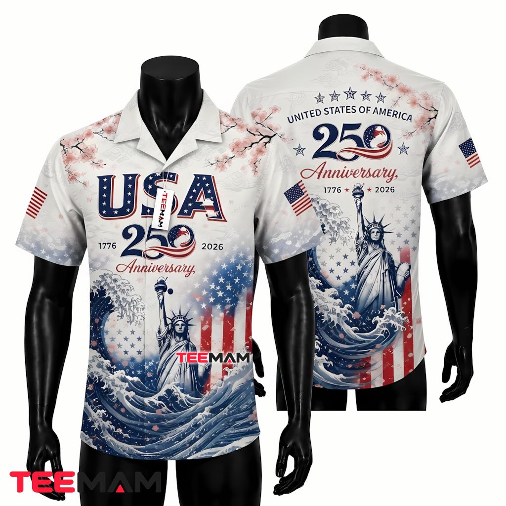 USA 250th Anniversary Hawaiian Shirt Great Wave Liberty Cherry Blossom Front