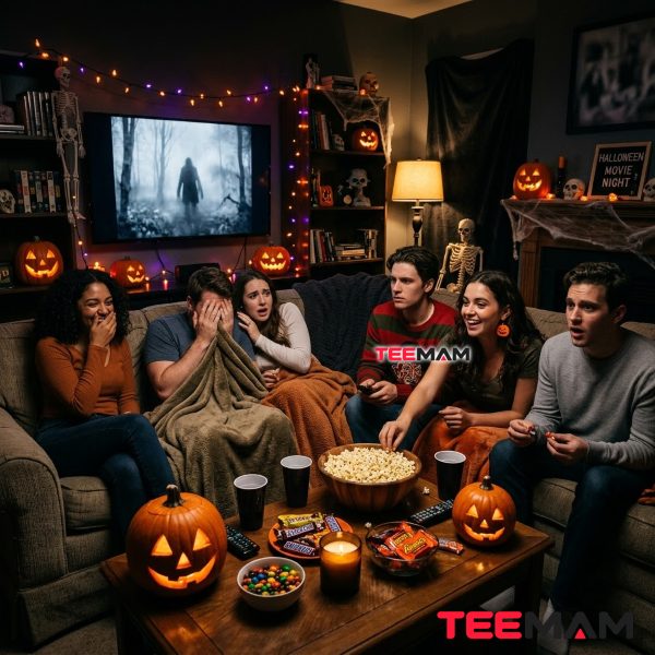 Friends Enjoying a Classic Halloween Horror Movie